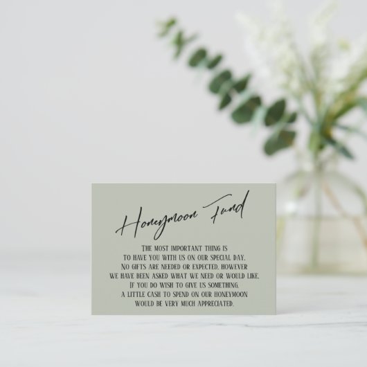 Honeymoon Fund Modern Handwriting Sage Green Informatiekaartje (Staand voorkant)