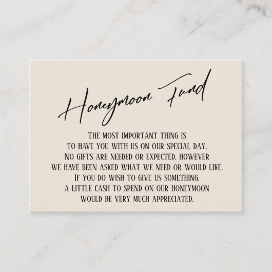 Honeymoon Fund Modern Handwriting Simple Cream Informatiekaartje (Voorkant)