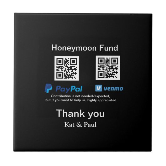 Honeymoon Fund PayPal Venmo QR code bedankt Tegeltje (Voorkant)