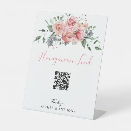Honeymoon Fund QR-code Boho Bruiloft Bloem Roze Reclamebord Met Voetstuk (Voorkant)