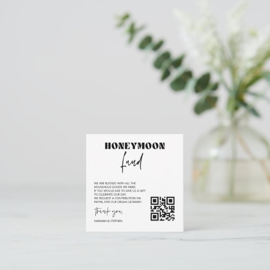 Honeymoon Fund Scan Enclosure Kaart QR Code Wedden Vierkante Visitekaartje (Staand voorkant)