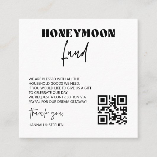 Honeymoon Fund Scan Enclosure Kaart QR Code Wedden Vierkante Visitekaartje (Voorkant)