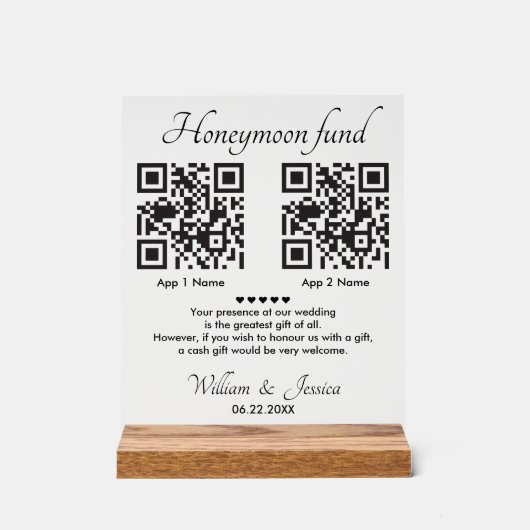 Honeymoon Fund With 2 QR Code Acryl Bord (Voorkant)