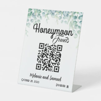 Honeymoon Funds QR Code Eucalyptus Weddenschap Reclamebord Met Voetstuk