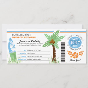 Honeymoon Gift Boarding Pass Palm Tree Surf Board Kaart