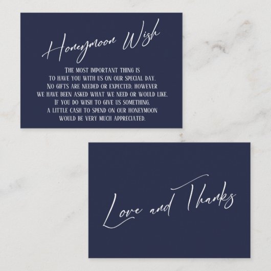 Honeymoon Wish Modern Handschrift Navy Blue Informatiekaartje (Voorkant / Achterkant)