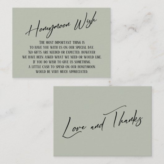 Honeymoon Wish Modern Handwriting Sage Green Informatiekaartje (Voorkant / Achterkant)