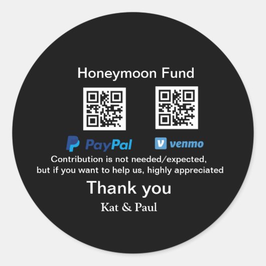 Honeymoonfonds PayPal Venmo QR-code bedankt Ronde Sticker (Voorkant)