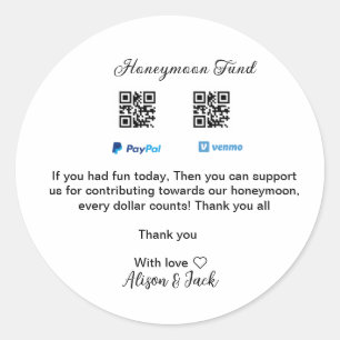 Honeymoonfonds venmo paypal donatie Q R stel Ronde Sticker