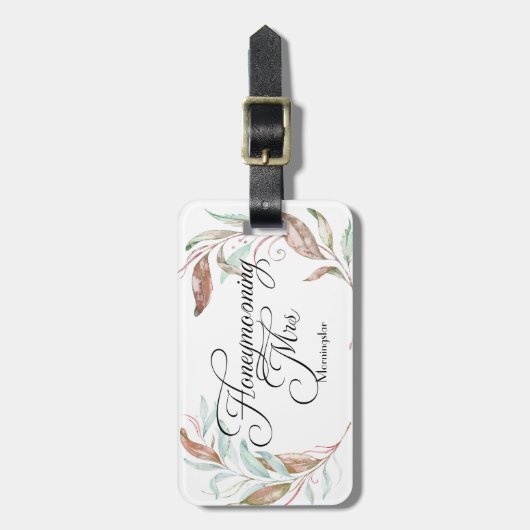 Honeymooning MRS. Waterverf Eucalyptus Leaves Bagagelabel (Voorkant verticaal)