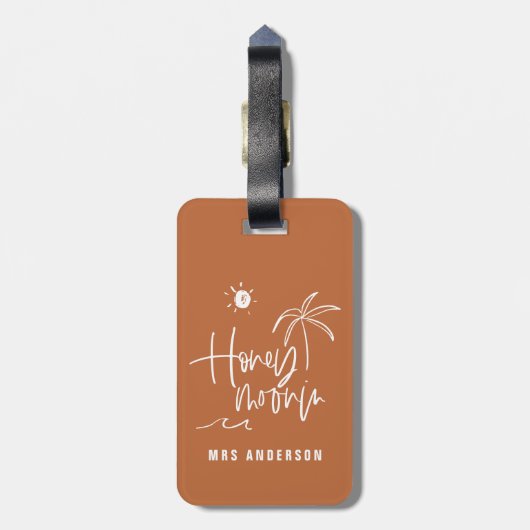 Honeymooning palm bruiloft cadeau strand modern l bagagelabel (Achterkant verticaal)