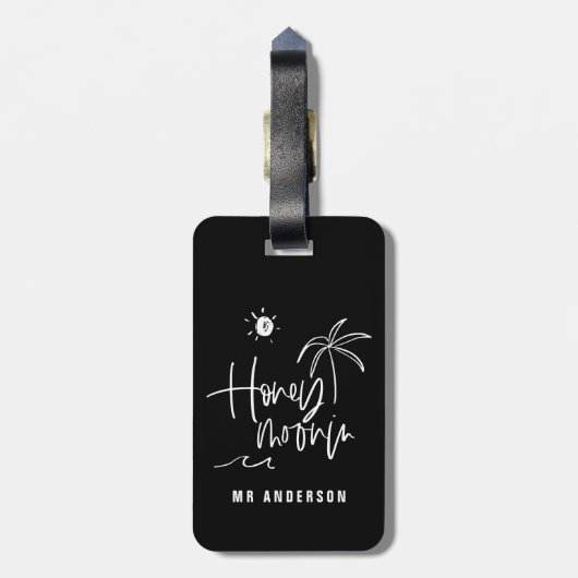Honeymooning palm bruiloft tegenwoordig strand bagagelabel (Achterkant verticaal)