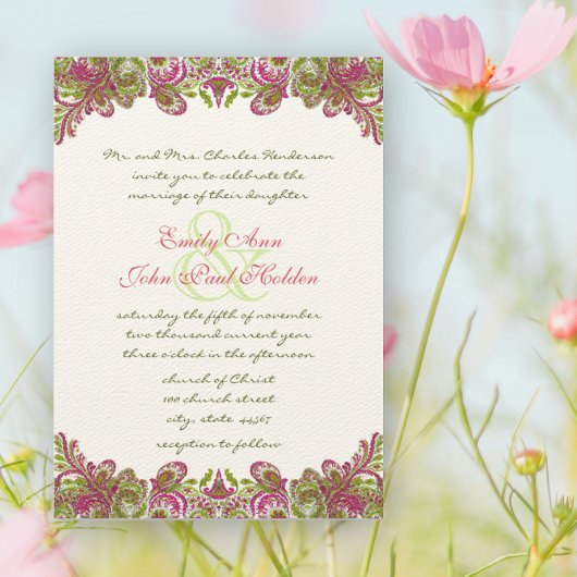 Honeysuckle Apple Green Paisley Wedding Invitation Kaart