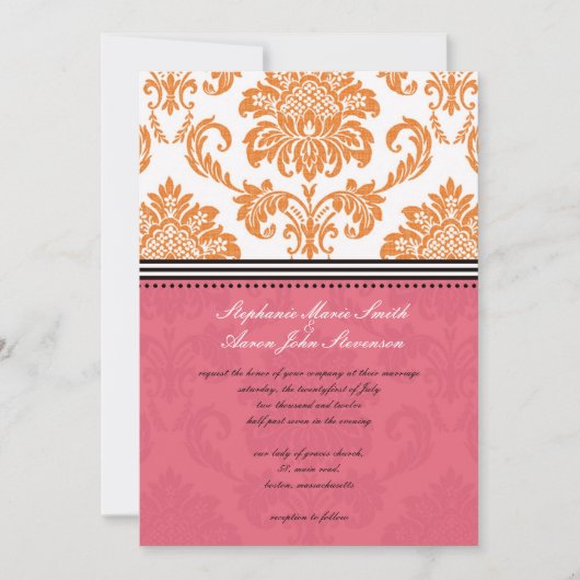 Honeysuckle en Coral Damask Wedding Invitation Kaart (Voorkant)