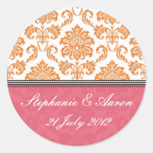Honeysuckle en Tangerine Damask Wedding Sticker