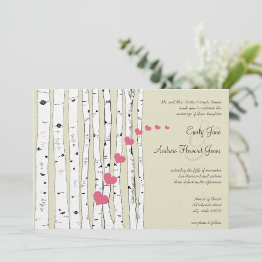 Honeysuckle Hearts Birch Tree Wedding Invitations (Debout devant)