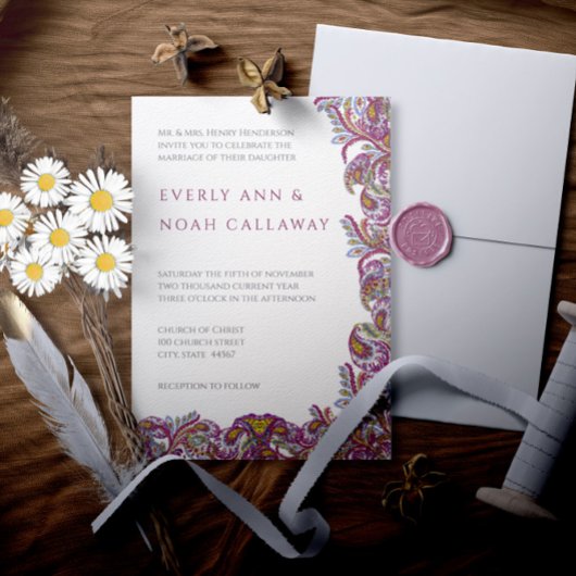 Honeysuckle Paisley Peacock Wedding Invitation Kaart