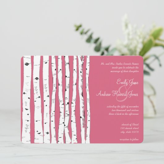 Honeysuckle Pink Birch Tree Invitations de mariage (Debout devant)