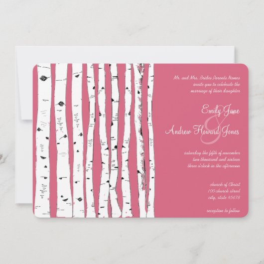 Honeysuckle Pink Birch Tree Invitations de mariage (Devant)