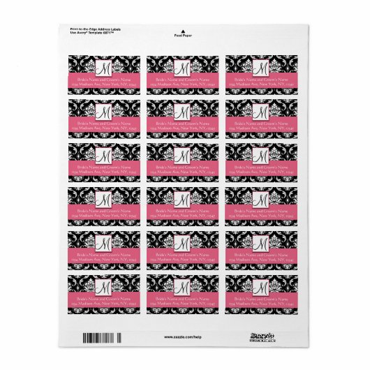 Honeysuckle Roze Damask Monogram Adresetiketten Etiket (Full Sheet)