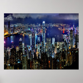 Hong Kong City Skyline Lights bij nacht Poster