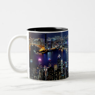 Hong Kong City Skyline Lights bij nacht Tweekleurige Koffiemok
