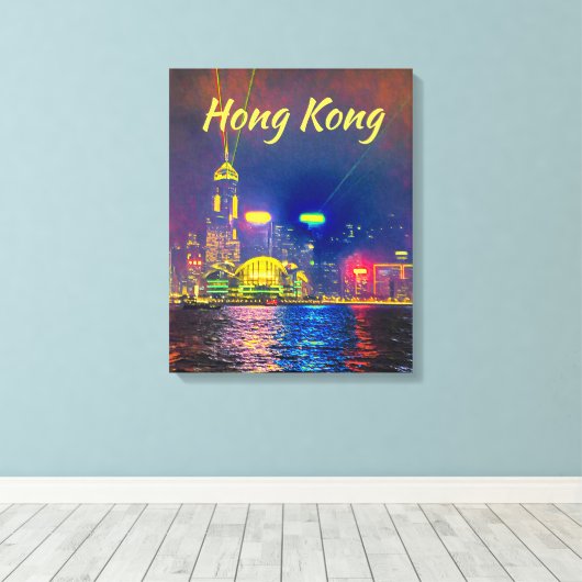 Hong Kong nachtlicht skyline modern reizen Canvas Afdruk (Insitu (Houten vloer))