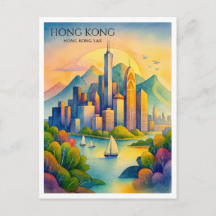 Hong Kong Silhouette Watercolor Ansichtkaart Rei Feestdagenkaart