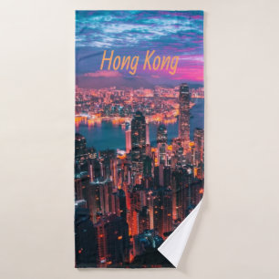 Hong Kong Skyscraper Skyline Night Lights Badhanddoek