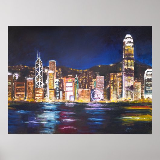 Hong Kong Vitoria Harbour nachtschilderij van uitz Poster (Voorkant)