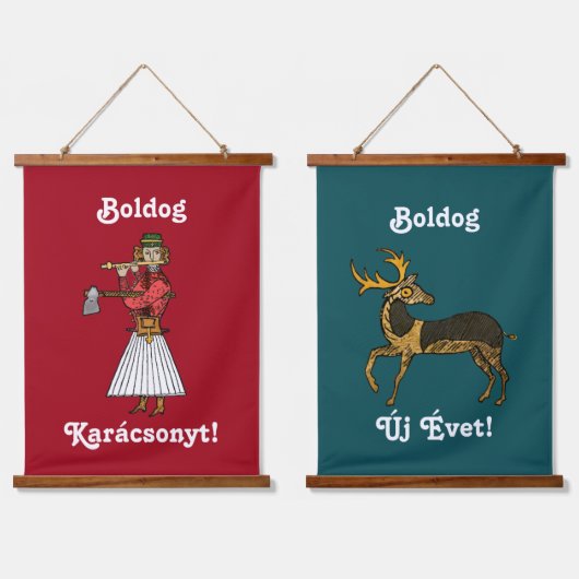 Hongaars: Boldog Karácsonyt! Boldog Új Évet. Hangend Wandkleed (Dubbel)