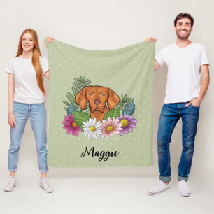 Hongaarse Vizsla En Kleurrijke Zomerbloemen Groen Fleece Deken