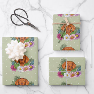 Hongaarse Vizsla en kleurrijke zomerbloemen groen Inpakpapier Vel