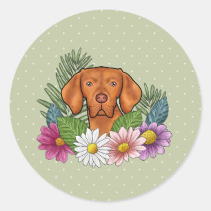 Hongaarse Vizsla en kleurrijke zomerbloemen groen Ronde Sticker