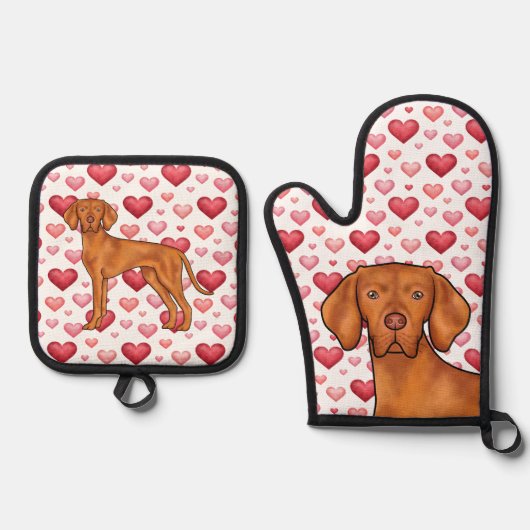 Hongaarse Vizsla Hond Liefde Rode Roze Harten Patr Ovenwant & Pannenlap Set (Voorkant)