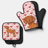 Hongaarse Vizsla Hond Liefde Rode Roze Harten Patr Ovenwant & Pannenlap Set (Voorkant / Achterkant)