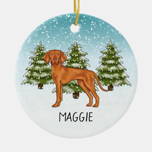 Hongaarse Vizsla Hond Sneeuwrijk Winterbos en naam Keramisch Ornament (Voorkant)