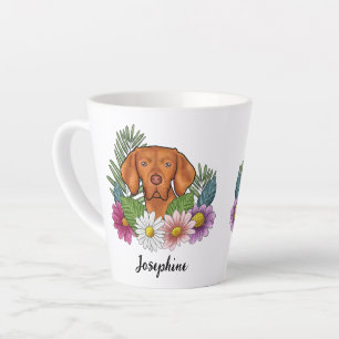 Hongaarse Vizsla Met Kleurrijke Bloemen En Naam Latte Mok