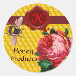 HONIEBEN EN PINK ROSE, BEEKEEPER RODE WAX SEAL RONDE STICKER