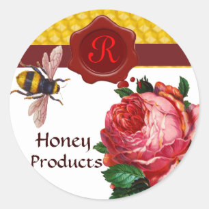 HONIEBEN EN PINK ROSE, BEEKEEPER RODE WAX SEAL RONDE STICKER