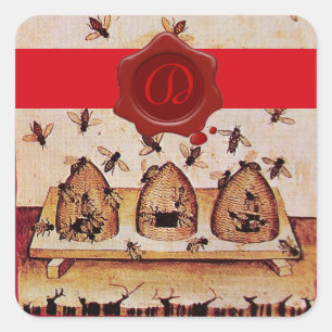 HONIJN, RODE WAKSEAL EN STRIPE MONOGRAM VIERKANTE STICKER