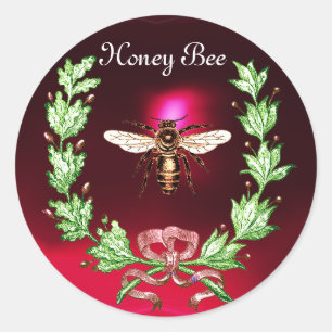 HONIJNBEDRAG, WREATS MET OAK LEAVES EN RODE RIBBON RONDE STICKER