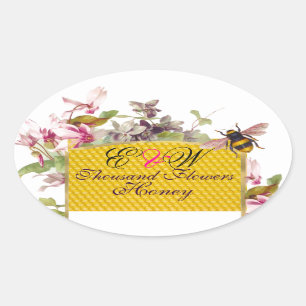HONIJNBEE, PINK CYCLAMEN FLOWERS BEEKEEPER MONOGRA OVALE STICKER