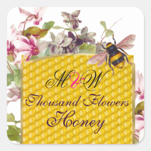 HONIJNBEE, PINK CYCLAMEN FLOWERS BEEKEEPER MONOGRA VIERKANTE STICKER