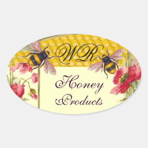 HONIJNEN EN RODE POPPIËNTEN BEEKEEPER MONOGRAM OVALE STICKER