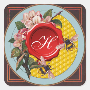 HONIJNEN MET WILDE ROZEN RODE WAX SEAL MONOGRAM VIERKANTE STICKER