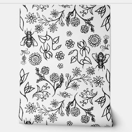 Honing Bijen & Bloemen Boho Modern Zwart-wit Behang