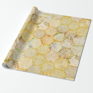 Honing Floral Honeycomb Golden Glitter Cadeaupapier