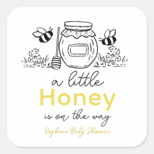 Honing Handgetekende Pot & Bijen Witte Baby Shower Vierkante Sticker