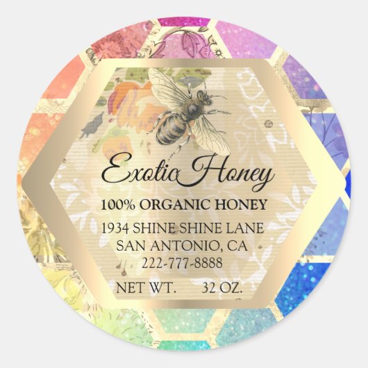 Honing Jar Honeybee Honeycomb Apiary Gold Rainbow Ronde Sticker (Voorkant)